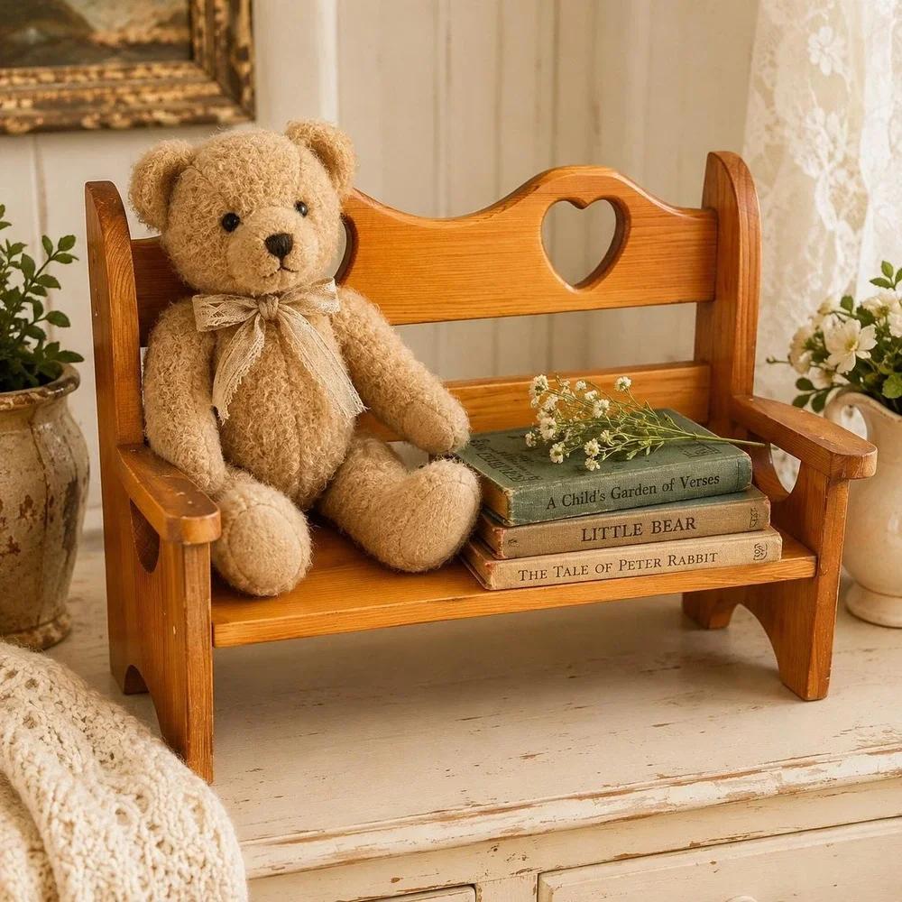 Vtg Pine Children's Doll Bench with Heart Cutouts Rustic Country Shelf Decor